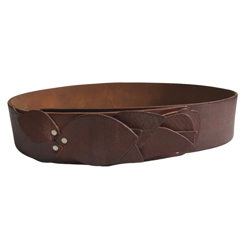 Chicos Brown Leather Boho Leaf Layered Wide Waist Belt Womens Large